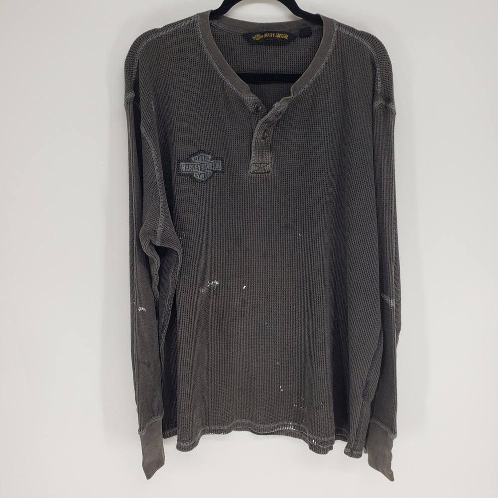 Harley-Davidson Thrashed Henley Mens 2XL Grey Waffle Knit Thermal Paint Stained